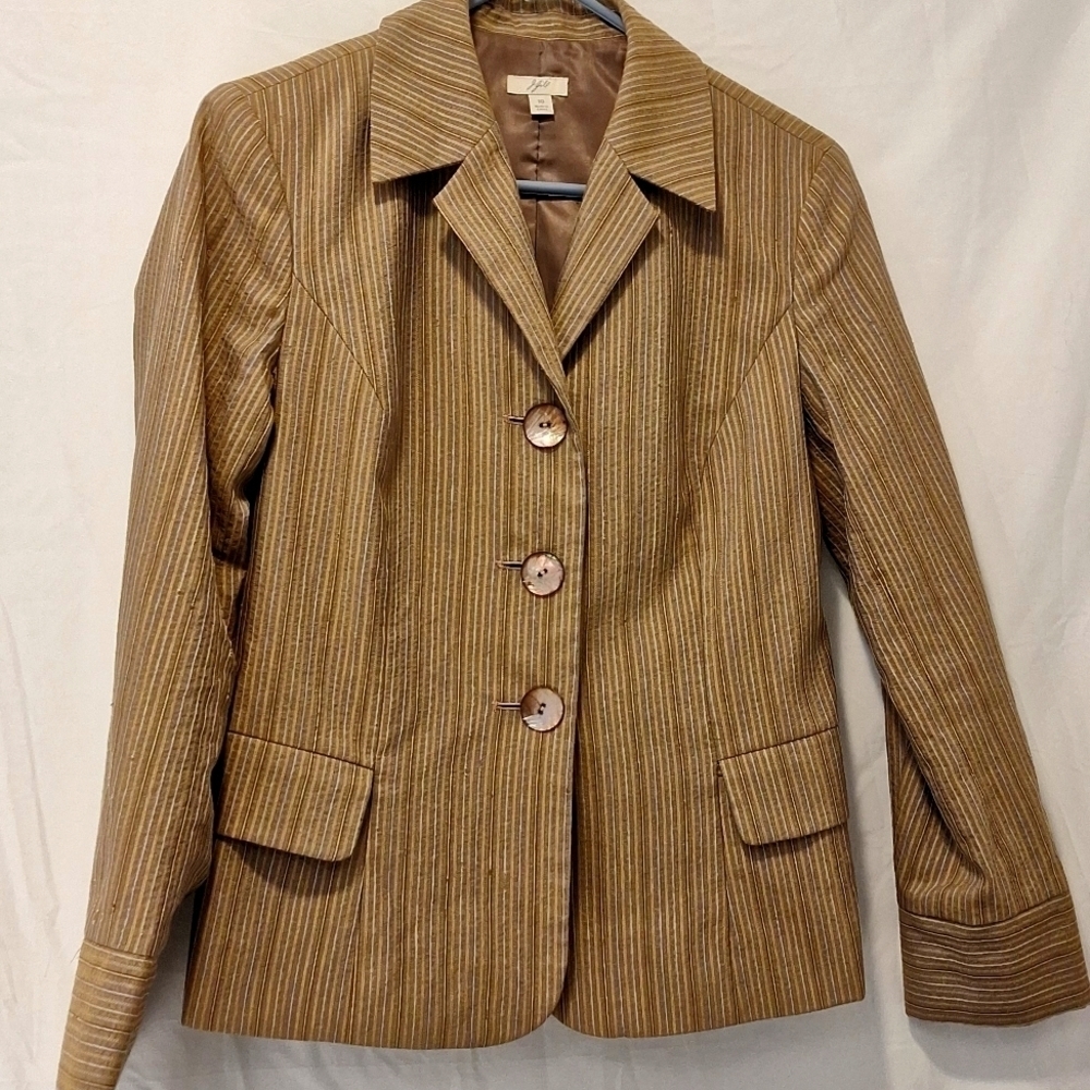 j jill women's 3 button blazer size 10 tan/brown/blue vertical stripes
